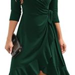 Owin Women’s Deep V Neck Short Sleeve Casual Party Cocktail Dresses High Waist Belt Swing Ruffle Hem Work Faux Wrap Dress