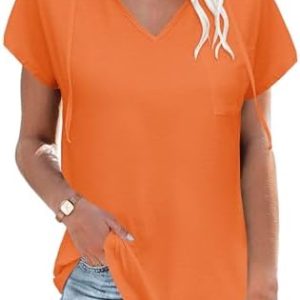 WNEEDU Summer Tops for Women V Neck Hoodies Short Sleeve T Shirts with Pocket 2024