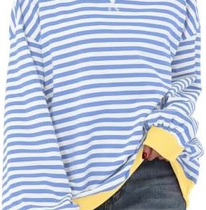 TERIVEEK Women Oversized Striped Color Block Long Sleeve Crew Neck Sweatshirt Casual Loose Pullover Y2K Shirt Top