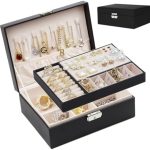 SYCARON Jewelry Organizer Box for Women and Girls, 2 Layer Jewelry Storage Case PU Leather Soft Lining with Lock for Rings Earrings Necklace Bracelets, Mother’s Day Gift for Women, Black