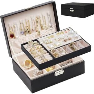 SYCARON Jewelry Organizer Box for Women and Girls, 2 Layer Jewelry Storage Case PU Leather Soft Lining with Lock for Rings Earrings Necklace Bracelets, Mother’s Day Gift for Women, Black