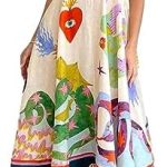 Women Graffiti Print Maxi Cami Dress Sleeveless Loose Aline Midi Dress Spaghetti Strap Boho Flowy Long Sundress Vacation