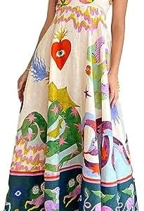 Women Graffiti Print Maxi Cami Dress Sleeveless Loose Aline Midi Dress Spaghetti Strap Boho Flowy Long Sundress Vacation