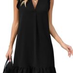 Famulily Dresses Women Summer Cap Sleeve V Neck Ruffled Hem Solid Smock Casual Mini Sundress