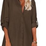 Hotouch Women’s Linen Shirts Button Down Long Sleeve Blouse Cuffed Sleeve Collared Shirt