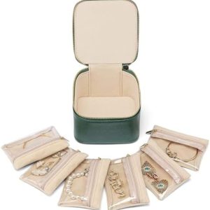 Vlando Travel Small Jewelry Case, PU Leather 6 zipper velvet bags for Women Girl Gift,Earrings Necklace Rings Storage Green
