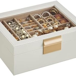SONGMICS Jewelry Box with Glass Lid, 2-Layer Jewelry Organizer, Cloud White and Metallic Gold UJBC238W01