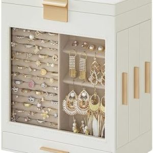 SONGMICS Jewelry Box, 5-Layer Jewelry Organizer, 6.1 x 10.3 x 12.6 Inches, Cloud White and Metallic Gold UJBC162W01