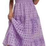 Women’s Summer Off Shoulder Smocked Beach Dress Square Neck Puff Short Sleeve Swing Tiered Layered Ruffle Midi Dresses