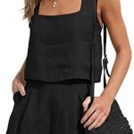 Cuptacc Women’s Summer Two Piece Linen Shorts Crop Tops 2 Piece Outfits Sets Sleeveless Square Neck Crop Top
