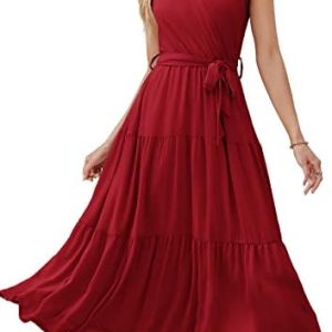 Zilcremo Women Summer Sleeveless Chiffon Dress Wrap V Neck Tiered Swing Long Dresses with Belt
