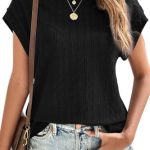 isermeo Tops for Women Trendy Summer Cap Short Sleeve Basic Textured Solid Round Neck T Shirts Blouse