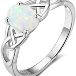 ACEFEEL Oval Lab Created White Opal Celtic Knot 925 Sterling Silver Band Ring