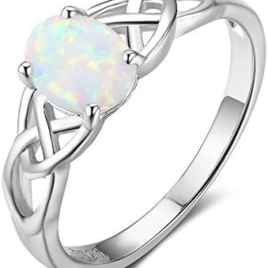 ACEFEEL Oval Lab Created White Opal Celtic Knot 925 Sterling Silver Band Ring