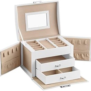 SONGMICS 3-Tier Jewelry Box, Lockable Jewelry Organizer, 2 Drawers, Travel Jewelry Case, White UJBC154W01