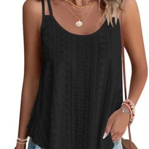 WNEEDU 2024 Womens Summer Tank Tops Eyelet Embroidery Sleeveless Spaghetti Strap Pleated Flowy Scoop Neck Hollow Cami