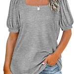 isermeo Summer Tops for Women Loose Fit Short Puff Sleeve Shirts Square Neck Tunic Tops S-XXL