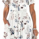 MISFAY Women Summer Dress Casual V Neck Short Sleeve Drawstring Mini Dresses with Pockets