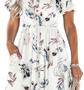 MISFAY Women Summer Dress Casual V Neck Short Sleeve Drawstring Mini Dresses with Pockets