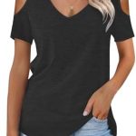 WNEEDU Womens Summer Tops Ladies V Neck T Shirts Casual Cold Shoulder Short Sleeve Shirts Loose Fashion 2024 Trendy Clothing