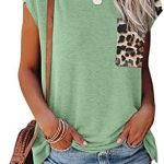 isermeo Womens Basic T Shirts Short Cap Sleeve Leopard Shoulder Side Split Tunic Tops with Leopard Pocket S-XXL