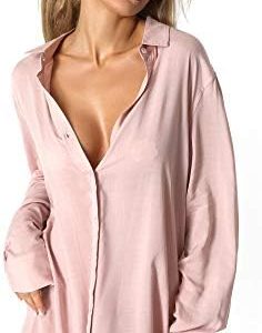 TOUSYEA Sleep Shirts for Women Button Down Shirts Long Sleeve Sleepwear Swimsuit Cover Ups Soft Pajama Tops