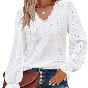 Misyula Womens Lace V Neck Puff Long Sleeve Eyelet Tops Dressy Business Casual Work Shirts Blouse S-XL
