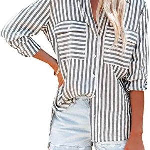 OMSJ Women’s Striped Button Down Shirts Casual Long Sleeve Stylish V Neck Blouses Tops with Pockets