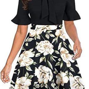 RANPHEE Womens Summer Bow Tie Neck Floral A Line Fit and Flare Work Dresses