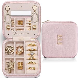 Vlando Plush Velvet Travel Jewelry Case, Personalized Initial Jewelry Boxes for Women Girls, Mini Jewelry Travel Organizer Travel Essentials for Birthday Gifts for Friend Teen Girls – Letter E, Pink