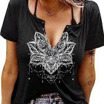 Eniloyal Womens Graphic T Shirt, Summer Ring Hole V Neck Tops, Casual Loose Fit Short Sleeve Shirts