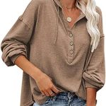 AUSELILY Women’s Hoodies V Neck Drawstring Button Up Casual Pullover Tops Flexible