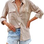 OMSJ Women’s Striped Button Down Shirts Casual Long Sleeve Stylish V Neck Blouses Tops with Pockets