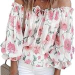 BLENCOT Women’s 3/4 Ruffle Sleeve Off Shoulder Chiffon Blouse Summer Floral Print Casual T Shirts