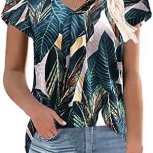 WNEEDU Women Top Summer T-Shirt 2024 Casual V Neck Petal Sleeve Blouses Loose Fit Tee Shirt