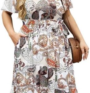 BERYDRESS Women’s Plus Size Tiered Midi Dress Scoop Neck Short Sleeves Casual Summer Beach Wear Floral Belted Ruffle Dreses
