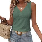 WNEEDU Womens Summer Tank Tops Ladies Eyelet Embroidery Sleeveless V Neck Hollow Shirts