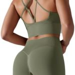 Womens Seamless Workout Sets Crisscross Strappy Sports Bra High Waist Booty Scrunch Shorts 2 Piece Gym Outfits