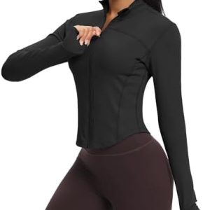 QUEENIEKE Workout Running Jackets for Women Zip Up Athletic Yoga Cropped Tops with Thumb Holes