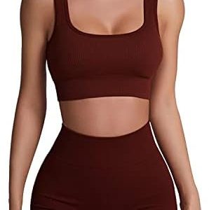 Workout Sets for Women 2 Piece Ribbed Seamless Yoga Outfits Crop Tank High Waist Exercise Shorts Sports Bra Tracksuits