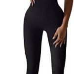 Yoga Jumpsuit for Women Workout Gym Seamless Ribbed One Piece Square Neck Tummy Control Padded Sport Bra Jumpsuits