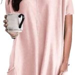 GRASWE Lady Summer Short Sleeve Tshirts Solid Oversized Round Neck Basic Tops with Pockets