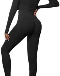 Workout Outfit for Women Two Piece Seamless Long Sleeve Crop Top & Yoga High Waisted Leggings Scrunch Butt Athletic Gym Set