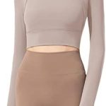 FEOYA Women’s Cutout Workout Crop Top Padded Long Sleeve Halter Sports Bra Top 2-in-1 Yoga Gym Shirts with Thumbhole