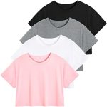 Cosy Pyro 4-Pack Women’S Cotton Crop T-Shirts Short Sleeve Solid Cropped Athletic Top Round Neck Casual Workout Yoga Tees