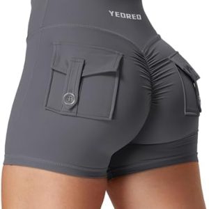 YEOREO Scrunch Workout Shorts with Pockets Charm Gym Biker Shorts for Women High Waisted Yoga Booty Shorts