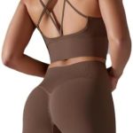 Womens Seamless Workout Sets Crisscross Strappy Sports Bra High Waist Booty Scrunch Shorts 2 Piece Gym Outfits