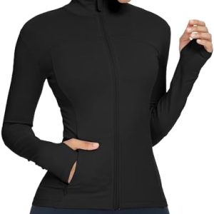 QUEENIEKE Running Jackets for Women Full Zipper Slim Fit Thumbhole Athletic Workout Jacket with Pockets