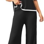 Voqeen Women’s 2 Piece Outfits Sweater Set Half Sleeve Knit Pullover Top Wide Leg Pants Lounge Sets Tracksuits
