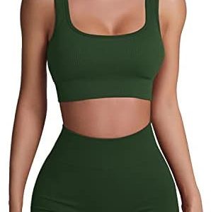Workout Sets for Women 2 Piece Ribbed Seamless Yoga Outfits Crop Tank High Waist Exercise Shorts Sports Bra Tracksuits